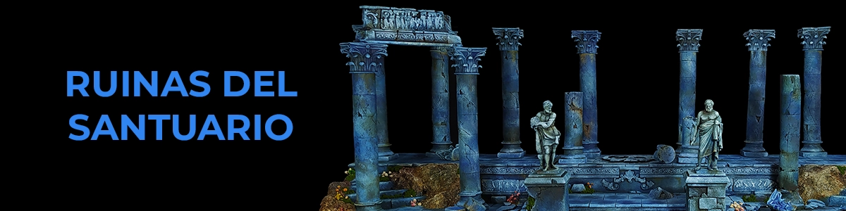 Imagen del diorama Ruinas del Santuario en tonalidad azul con figuras en 3D - Vista 01